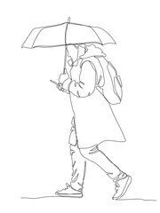 Man with backpack walking, holding umbrella and using phone on autumn rainy day. Side view. Continuous line drawing. Black vector in line art style.
