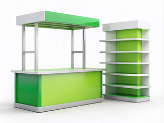 Colorful retail trade stand with promotional counter and shelves isolated on white background, ready for custom branding and product placement, 3D vector illustration.