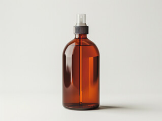 Clear Glass Bottle With Red Liquid and Spray Nozzle on Neutral Background