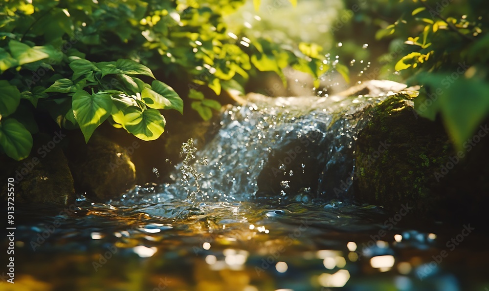 Poster cinematic closeup of dynamic flowing stream surrounded by lush greenery
