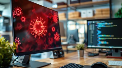 Computer monitors displaying virus graphic and code in office setting. Concepts of cybersecurity threats, digital protection, and office work.