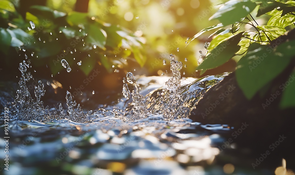 Poster cinematic closeup of dynamic flowing stream surrounded by lush greenery