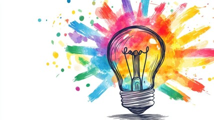 2D cartoon of a light bulb with colorful rays, symbolizing a bright idea, clean lines, isolated on white background, copy space for text