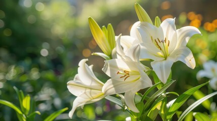 Obraz premium Easter lilies in full bloom, filling the air with their sweet fragrance --ar 16:9 Job ID: 2f09ac07-fd1c-4f8a-80af-472597a9fa3a