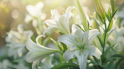 Easter lilies in full bloom, filling the air with their sweet fragrance --ar 16:9 Job ID: 2f09ac07-fd1c-4f8a-80af-472597a9fa3a