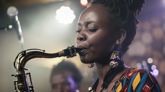 a woman playing the saxophone in front of a band