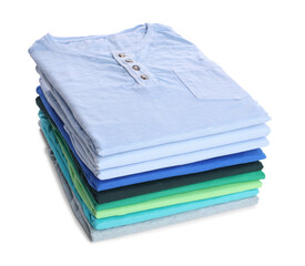 Stack of clean colorful t-shirts isolated on white
