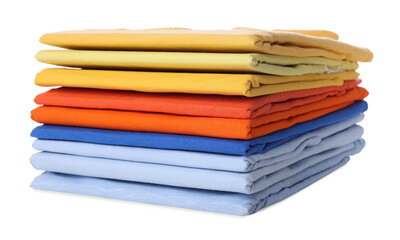 Stack of clean colorful t-shirts isolated on white