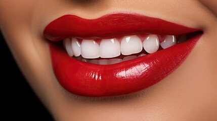 Obraz premium a close-up smile, highlighting the natural teeth and glossy red lips.