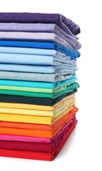 Stack of clean colorful t-shirts isolated on white