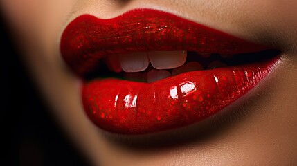 Obraz premium a close-up smile, highlighting the natural teeth and glossy red lips.