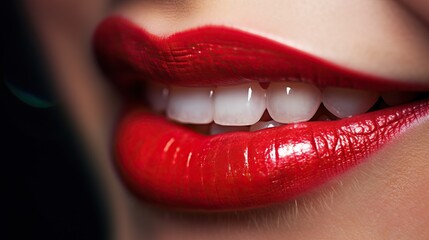 a close-up smile, highlighting the natural teeth and glossy red lips.