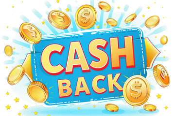 Cash Back banner with golden coins and blue background. Concepts of financial reward, savings, and incentives.