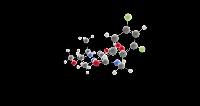 Dolutegravir molecule, rotating 3D model of antiretroviral medication, looped video on a black background