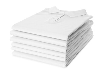 Stack of clean t-shirts isolated on white