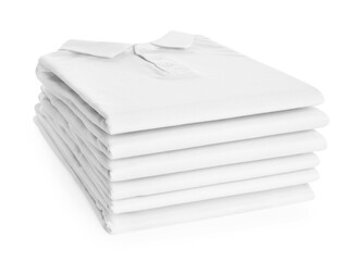 Stack of clean t-shirts isolated on white