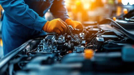 A skilled auto mechanic in a blue jumpsuit, meticulously adjusting the engine of a silver sedan in a modern auto shop