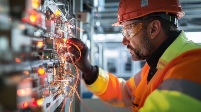 Specialists working together to install a complete lightning protection system, including the placement of surge protectors and bonding conductors, highlighting the teamwork and technical expertise