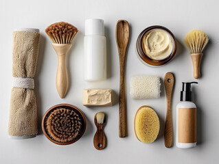 Essential Natural Bathing Tools and Skincare Products Arranged on a White Surface for a Refreshing Self-Care Routine