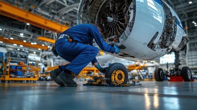 Close-up shot of an aircraft engineer in a blue uniform working on the undercarriage of an Airbus. The photo focuses on the engineer is hands as they use specialized tools to fix a component, 