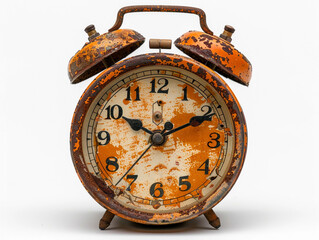Vintage Rusty Alarm Clock Displaying Time With Wear and Tear in Bright Orange Color