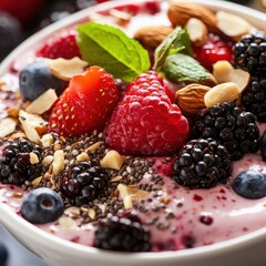 A close-up of a smoothie bowl with fresh berries, nuts, and seeds, highlighting nutritious breakfast options for a healthy lifestyle