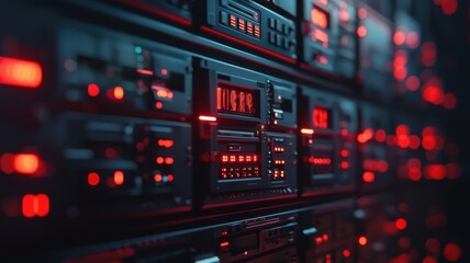 A detailed close-up of a cloud server rack, with red warning lights and error messages flashing on screens and control panels