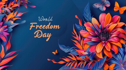Bright and colorful floral design with bold text "World Freedom Day" on dark blue background. Suitable for celebration themes, awareness campaigns, and graphic design inspiration.