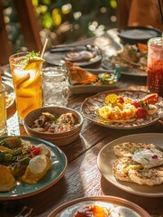 A detailed image of a delicious brunch spread on a dining table, with colorful dishes, drinks, and a sunny ambiance