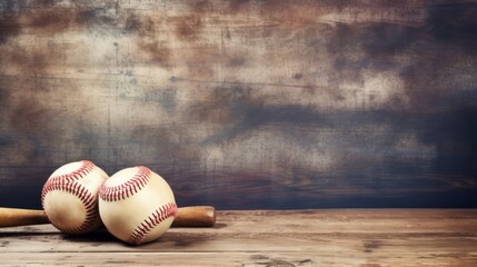 Vintage baseball still life: weathered wooden bat and worn baseball on rustic surface, ideal for sports-themed designs, classic american pastime concepts, and athletic event promotions with ample copy