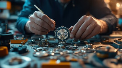 An elegant Swiss watchmaker working meticulously on a high-end timepiece in a well-lit, modern workshop. The craftsman, dressed in a tailored suit, uses fine tools to adjust the intricate gears of a