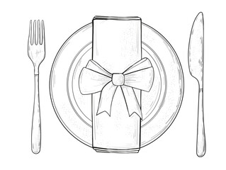 Table setting set. Fork, Knife, Spoon, plate sketch set. Cutlery hand drawing collection. Catering engraved vector illustration.  Dinner etiquette.