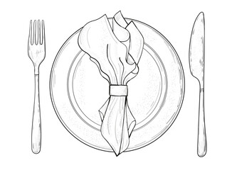 Table setting set. Fork, Knife, Spoon, plate sketch set. Cutlery hand drawing collection. Catering engraved vector illustration.  Dinner etiquette.
