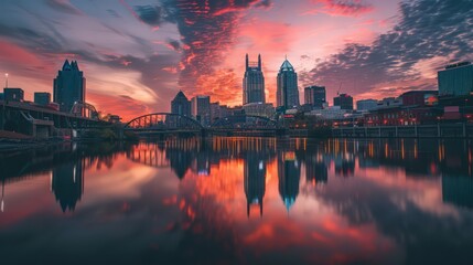 Naklejka premium serene elegance of a city skyline reflected in a calm river.