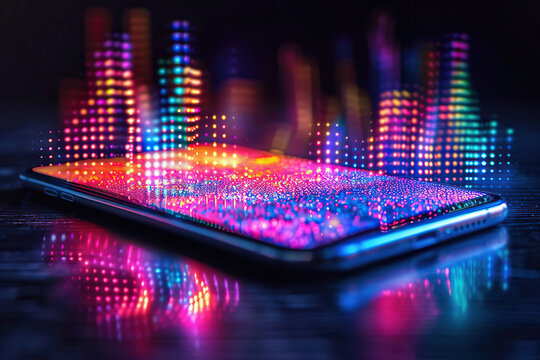 A modern smartphone on a table emits a neon holographic glow. Generated by artificial intelligence