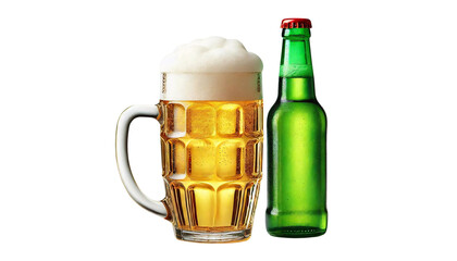 A glass mug filled with golden beer, topped with a foamy head, next to a green beer bottle with a red cap, on a transparent background