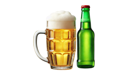 A glass mug filled with golden beer, topped with a foamy head, next to a green beer bottle with a red cap, on a transparent background