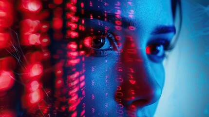 a minimalist advertising photo for an AI company. DNA. binary code. face, duotone of fluorescent blue and neon orange