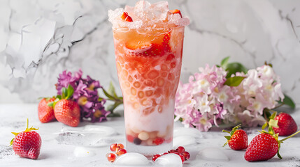 Strawberry fruit bubble boba tea banner with copy space. Strawberry fruit bubble tea. Strawberry fruit bubble boba tea with strawberries
