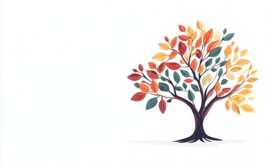 Obraz premium Cartoon-style tree with simple lines and vibrant leaves, colorful and clean, 2D style, white background, room for text