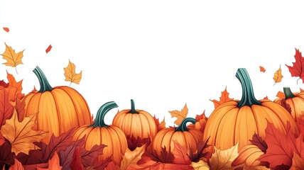Naklejka premium Cartoon-style pumpkin patch with colorful leaves, 2D illustration, bright colors, clean lines, white background, room for text
