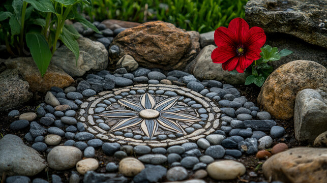 A garden compass crafted from stones, encircled by pebbles and rocks for a rustic touch. A vibrant red flower blooms beside it, adding a hint of color.