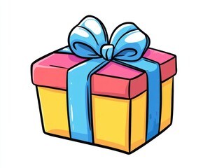 Obraz premium Colorful 2D cartoon of a holiday gift box with a ribbon, clean lines, isolated on white background, plenty of copy space