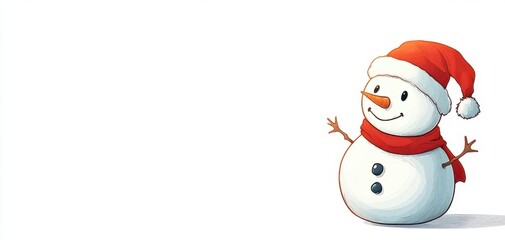 Colorful 2D cartoon of a snowman wearing a Santa hat, clean lines, isolated on white background, plenty of copy space