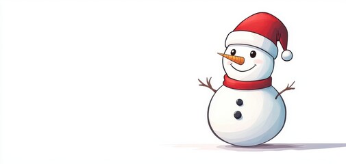 Colorful 2D cartoon of a snowman wearing a Santa hat, clean lines, isolated on white background, plenty of copy space