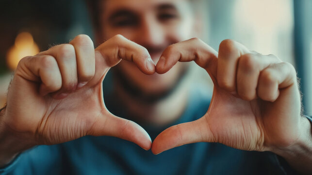 A happy customer gives a 5-star rating by making a heart shape with his hands. This shows that he is very satisfied with the service.