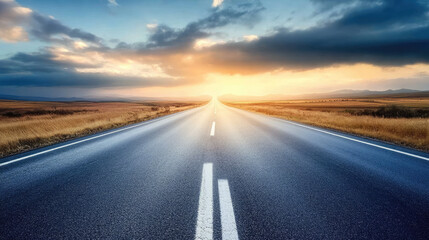 Naklejka premium Empty road leading to a bright sunrise, surrounded by open fields and a dramatic sky. Ideal for travel and adventure themes.