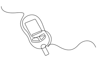 Obraz premium Continuous one line drawing of diabetes equipment's. Medical health care concept. Minimalistic art. Continuous one line drawing of diabetes measuring blood sugar before meal. Diabetic health concept