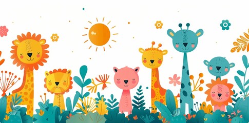 Naklejka premium Colorful Cartoon Animals Enjoying a Bright Sunny Day in a Vibrant Jungle Landscape