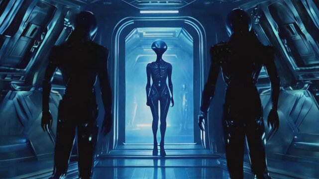 Futuristic humanoid alien emerges from a glowing blue portal, evoking themes of advanced technology and science fiction. Perfect for projects involving AI, future technology, and space exploration